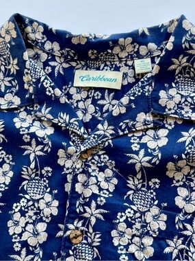 Caribbean Navy Blue Floral Camp Collar Shirt NWOT